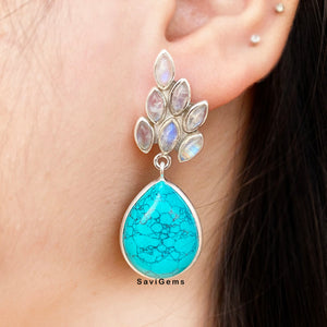 Rainbow Moonstone & Turquoise 925 Sterling Silver Earring