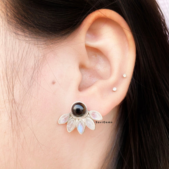 Black Onyx & Rainbow Moonstone 925 Sterling Silver Earring