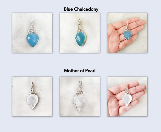 Blue Chalcedony Triquetra 925 Silver Pendant & Mother of Pearl Triquetra Silver Pendant