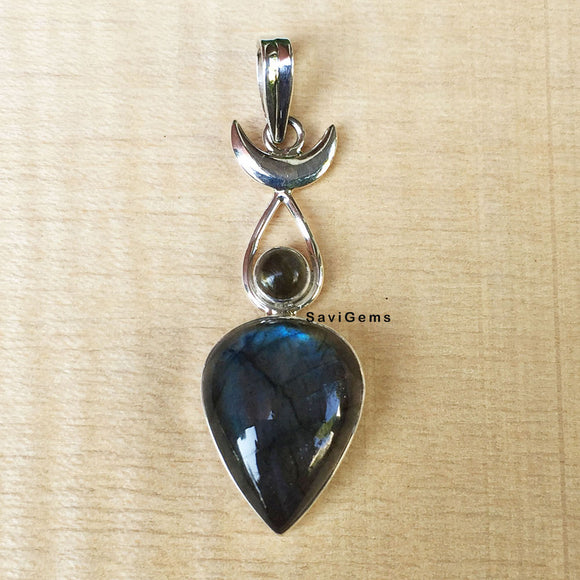 Labradorite Half Moon Sterling Silver Pendant