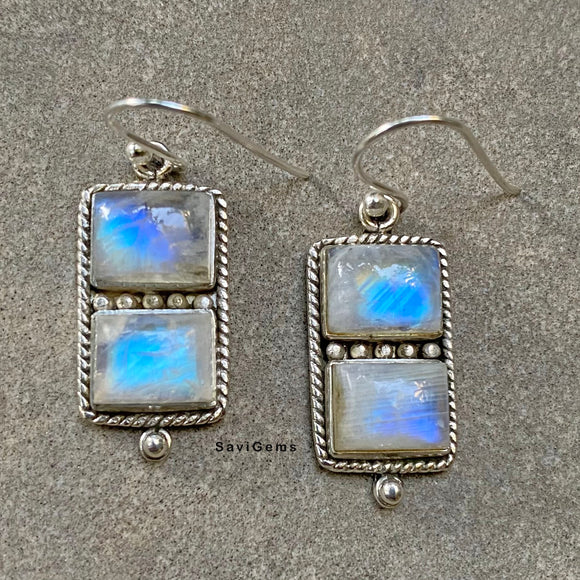 Rainbow Moonstone Rectangular Sterling Silver Earring