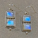 Rainbow Moonstone Rectangular Sterling Silver Earring