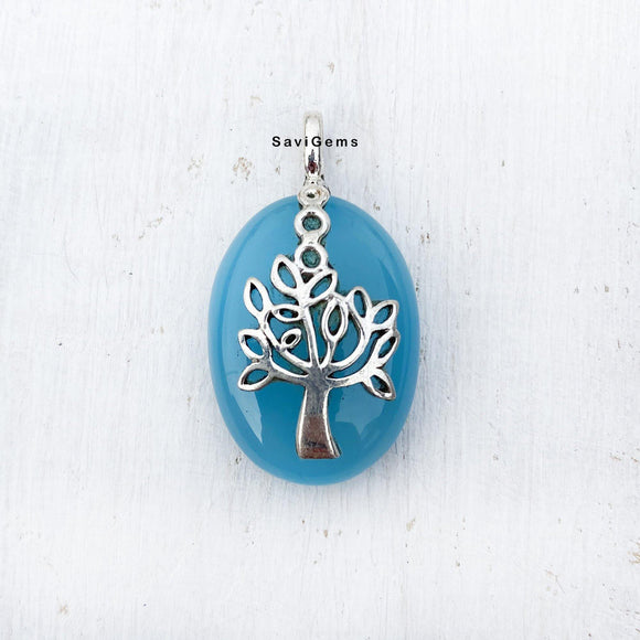 Blue Chalcedony Tree of Life Sterling Silver Pendant