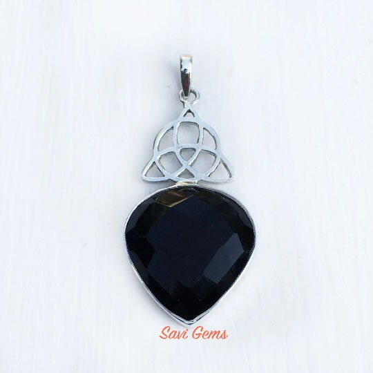 Facetted Black Onyx Triquetra Knot Sterling Silver Pendant