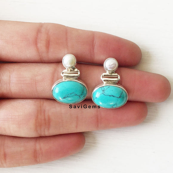 Turquoise & Pearl Oval Sterling Silver Earring