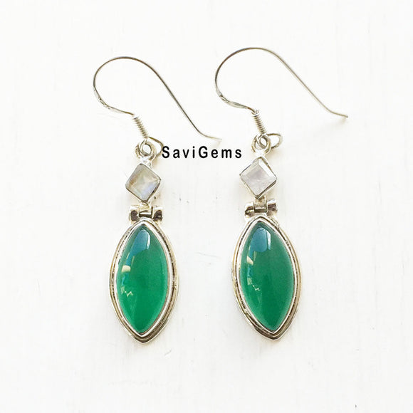 Rainbow Moonstone & Green Onyx Marquise Sterling Silver Earring