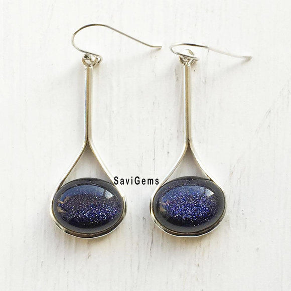 Blue Sunstone Hanging Sterling Silver Earring