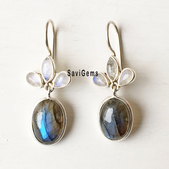 Labradorite & Rainbow Moonstone Sterling Silver Earring