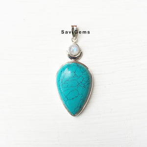 Turquoise & Rainbow Moonstone Sterling Silver Pendant