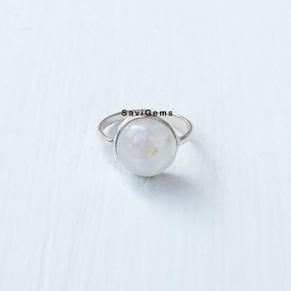 Rainbow Moonstone Round Sterling Silver Ring