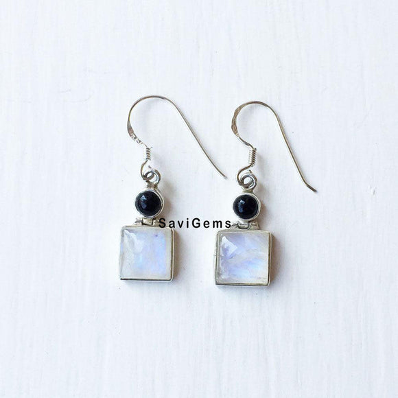 Black Onyx & Rainbow Moonstone Sterling Silver Earring