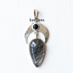 Black Rutile Crescent Moon Sterling Silver Pendant