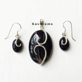 Banded Onyx Pendant & Earring Silver Set