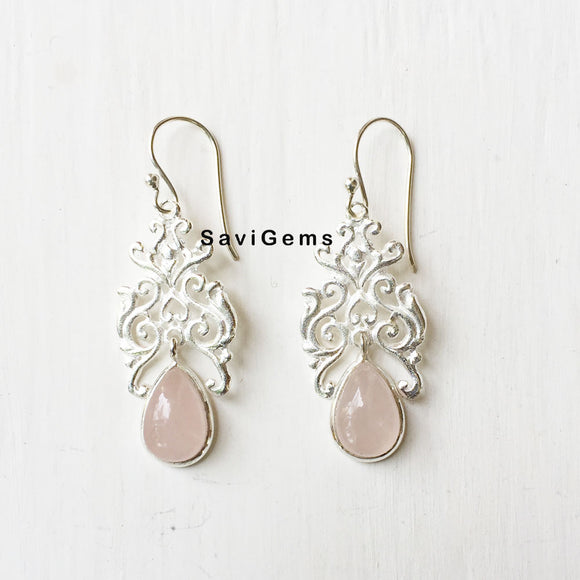 Rose Quartz Filigree Sterling Silver Earring