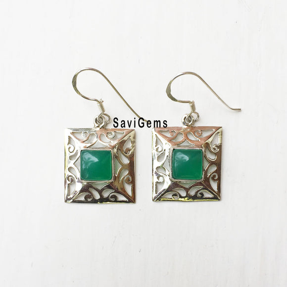 Green Onyx Square Sterling Silver Earring