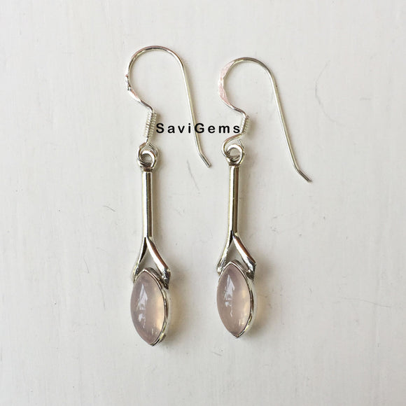 Rose Quartz Marquise Hanging Sterling Silver Earring