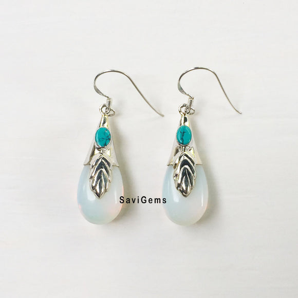 Opalite & Turquoise Leaf Sterling Silver Earring