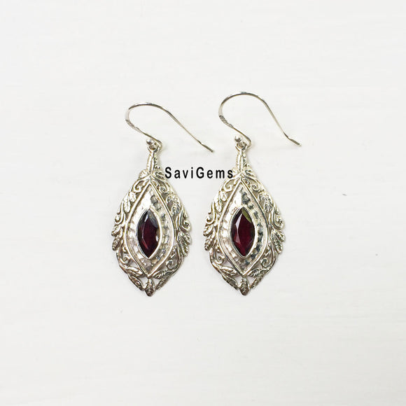 Garnet Facetted Hammered Sterling Silver Earring