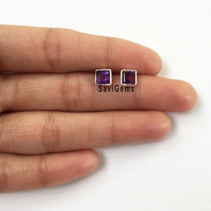 Amethyst Facetted Square Sterling Silver Stud