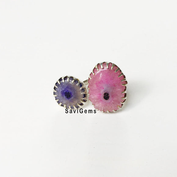 Druzy Pink & Purple Adjustable Sterling Silver Ring