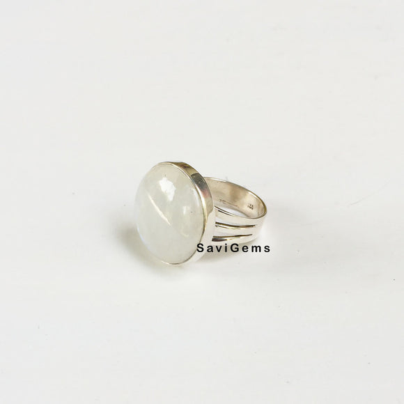 Rainbow Moonstone Round Sterling Silver Ring