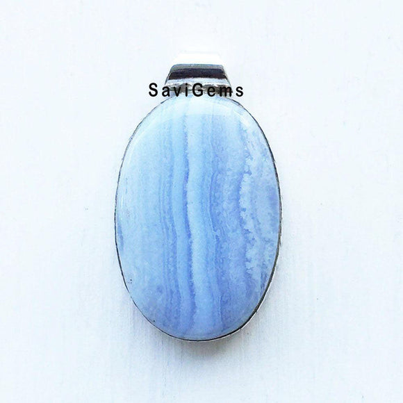 Blue Lace Agate Oval Sterling Silver Pendant