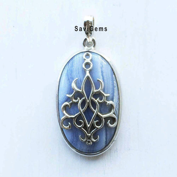 Blue Lace Agate Gothic Sterling Silver Pendant