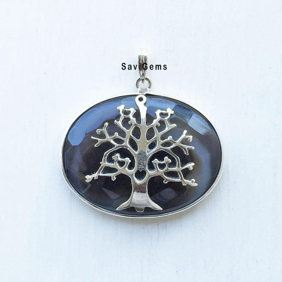 Banded Agate Facetted Tree Of Life Silver Pendant