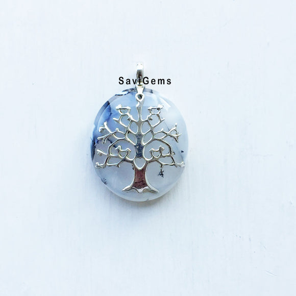 Merlinite Agate Tree of Life Sterling Silver Pendant