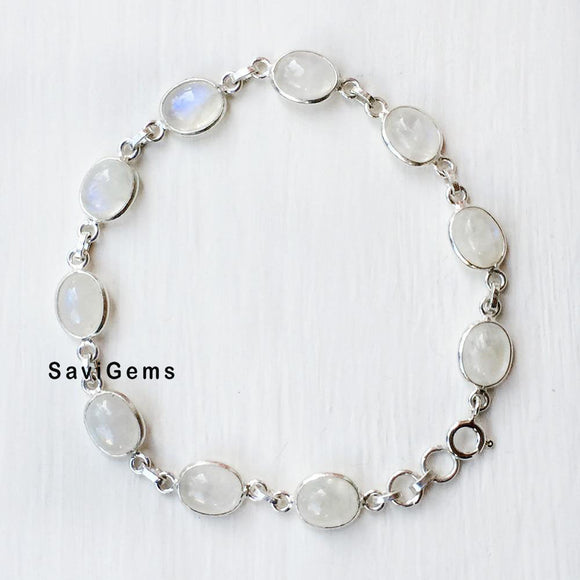 Rainbow Moonstone Oval Sterling Silver Bracelet