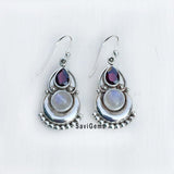 Garnet & Rainbow Moonstone Half Moon Sterling Silver Earring