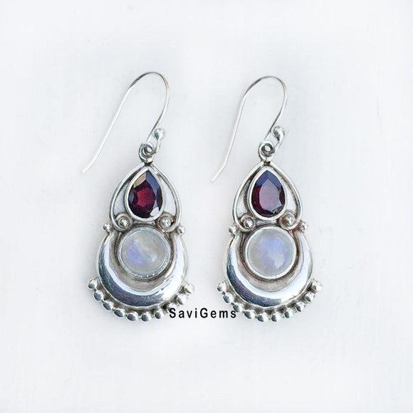 Garnet & Rainbow Moonstone Half Moon Sterling Silver Earring