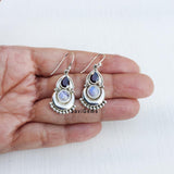 Garnet & Rainbow Moonstone Half Moon Sterling Silver Earring