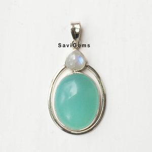 Aqua Chalcedony & Rainbow Moonstone Sterling Silver Pendant