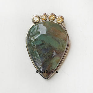 Moss Agate & Citrine Sterling Silver Pendant
