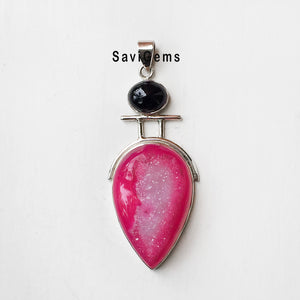 Pink Druzy & Black Onyx Sterling Silver Pendant