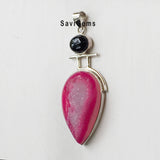 Pink Druzy & Black Onyx Sterling Silver Pendant