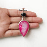 Pink Druzy & Black Onyx Sterling Silver Pendant