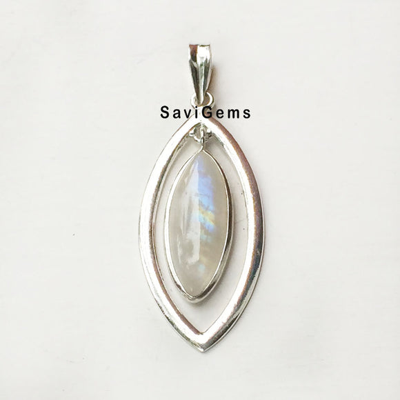 Rainbow Moonstone Marquise Sterling Silver Pendant