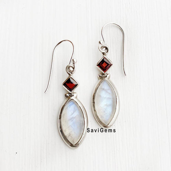 Garnet & Rainbow Moonstone Marquise Sterling Silver Earring