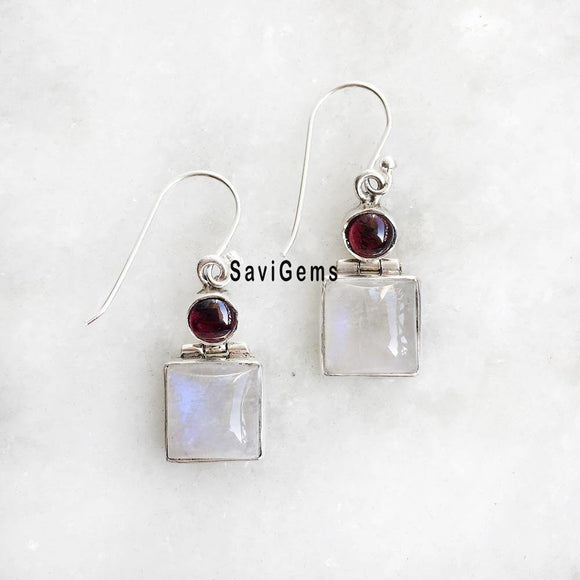 Rainbow Moonstone & Garnet Sterling Silver Earring