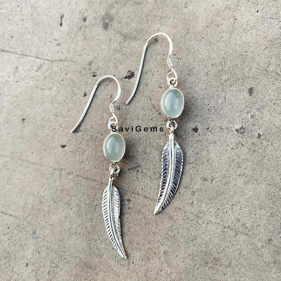 Aqua Chalcedony Feather Sterling Silver Earring