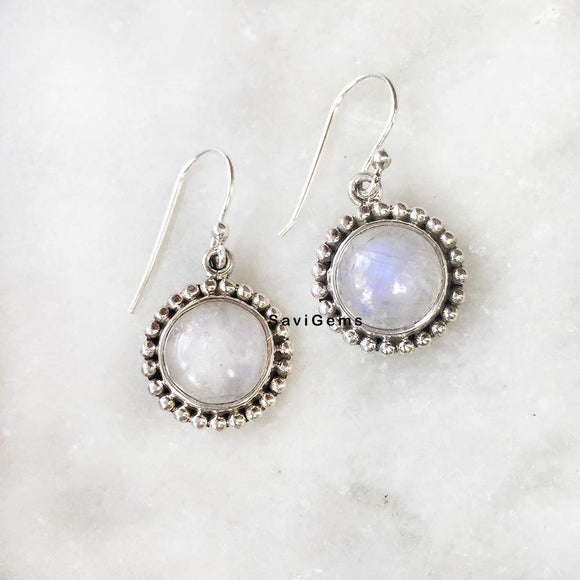 Rainbow Moonstone Round Sterling Silver Earring
