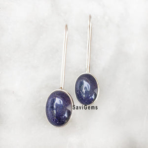 Blue Sunstone Long Hook Sterling Silver Earring