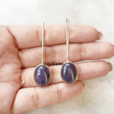 Blue Sunstone Long Hook Sterling Silver Earring
