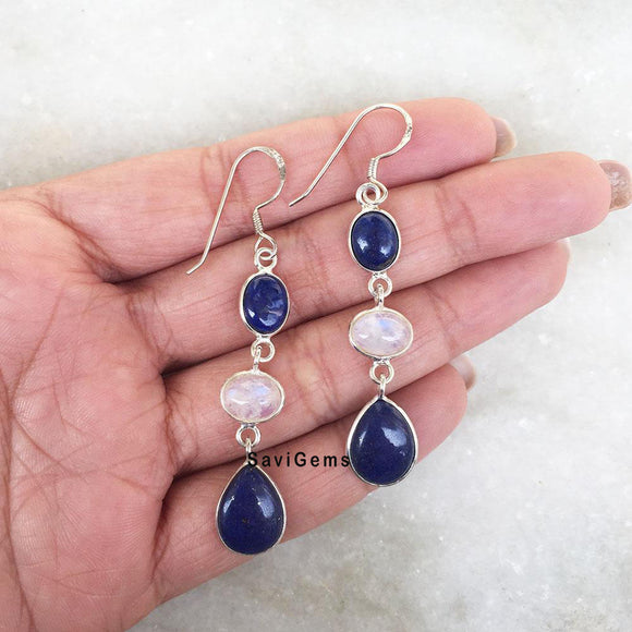 Lapis Lazuli & Rainbow Moonstone Silver Earring