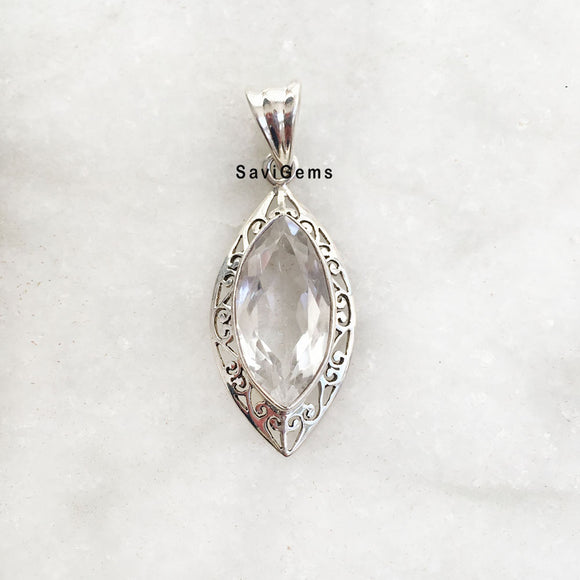 Crystal Quartz Facetted Filigree Silver pendant