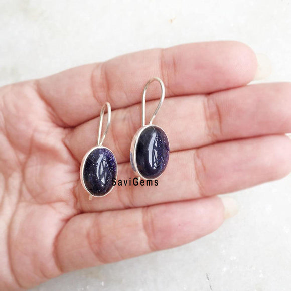 Blue Sunstone Fixed Hook Sterling Silver Earring