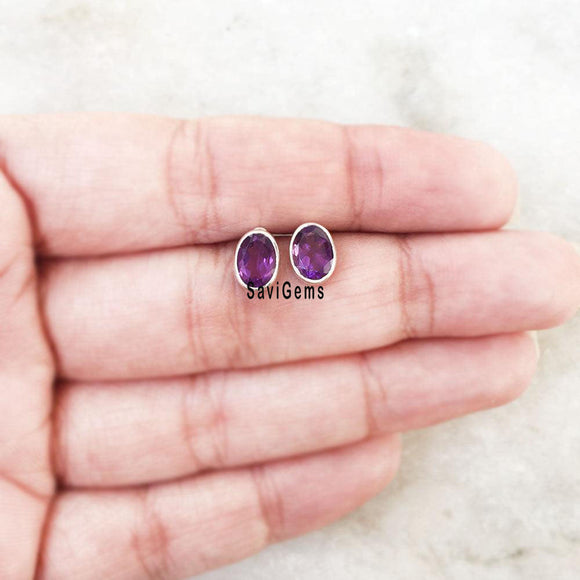 Amethyst Facetted Oval Sterling Silver Stud