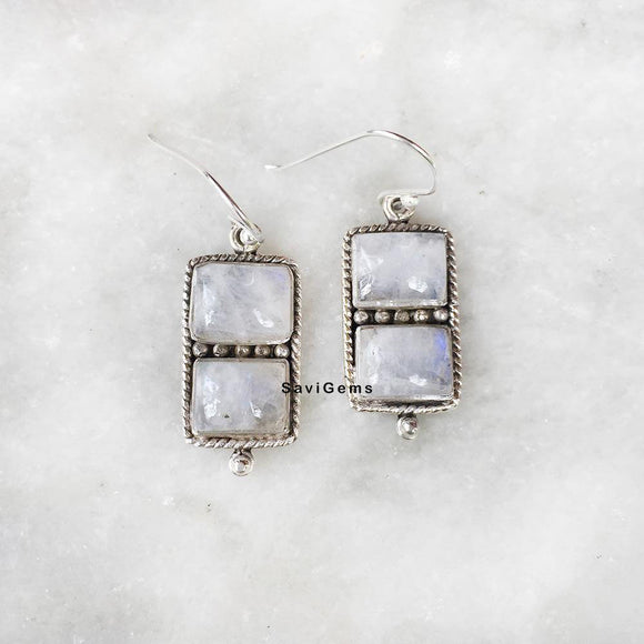 Rainbow Moonstone Rectangular Sterling Silver Earring